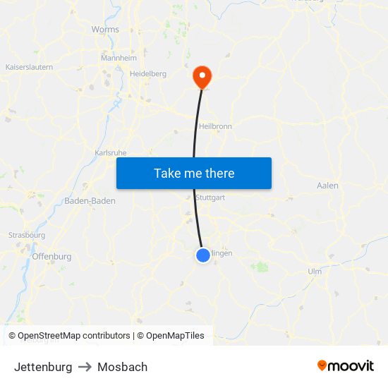 Jettenburg to Mosbach map