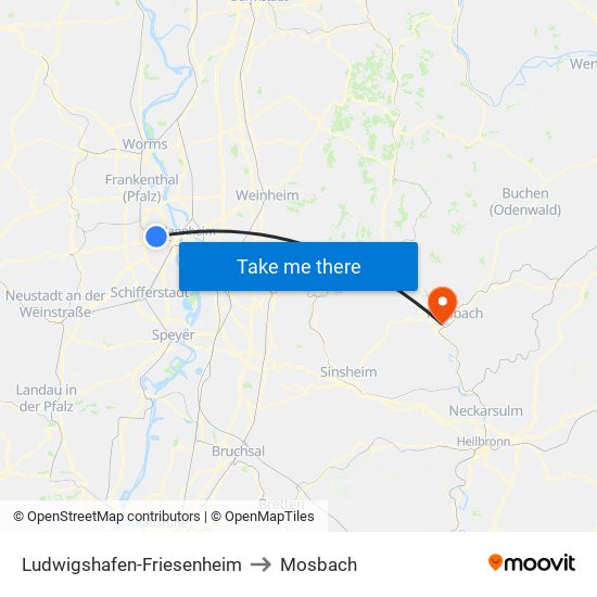 Ludwigshafen-Friesenheim to Mosbach map