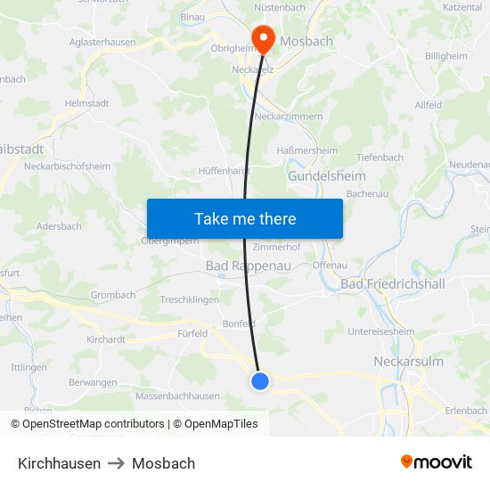Kirchhausen to Mosbach map