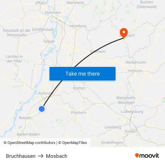 Bruchhausen to Mosbach map