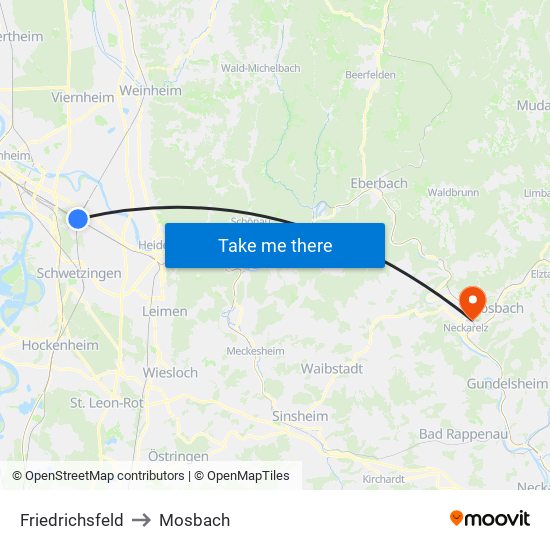 Friedrichsfeld to Mosbach map