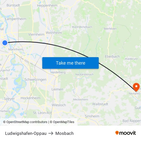 Ludwigshafen-Oppau to Mosbach map