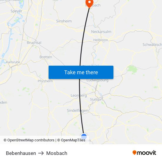 Bebenhausen to Mosbach map