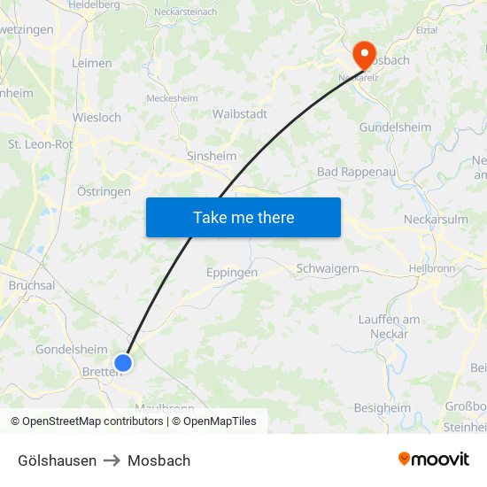 Gölshausen to Mosbach map