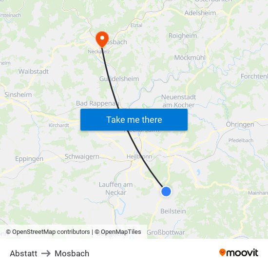Abstatt to Mosbach map