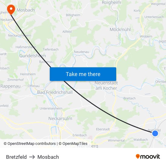 Bretzfeld to Mosbach map