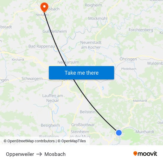Oppenweiler to Mosbach map
