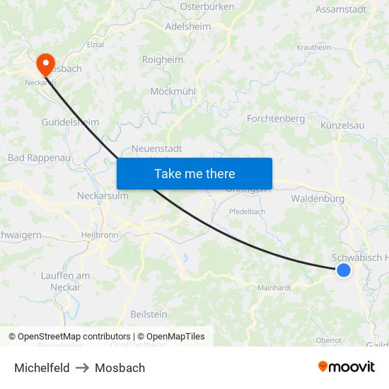 Michelfeld to Mosbach map