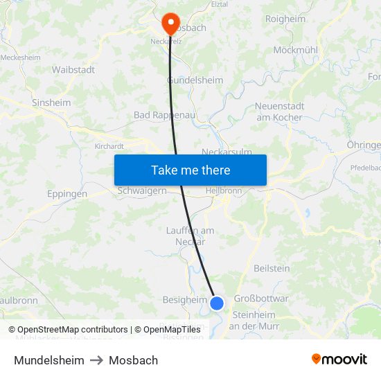 Mundelsheim to Mosbach map