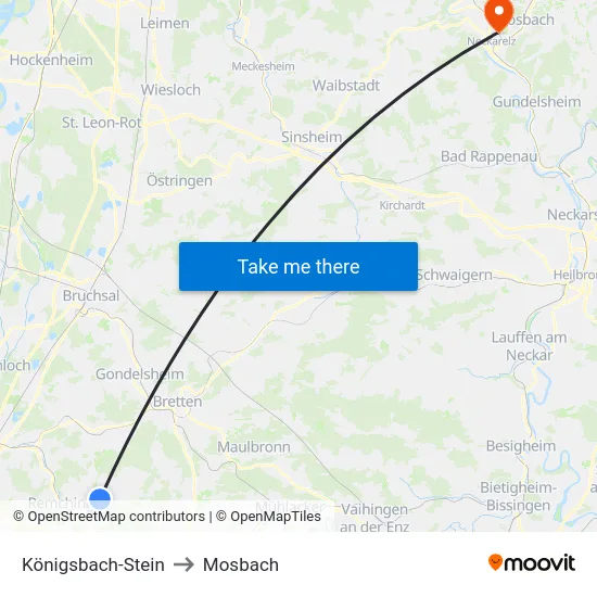 Königsbach-Stein to Mosbach map