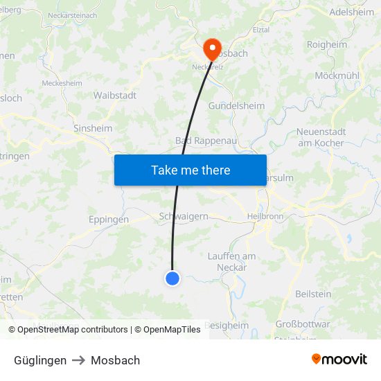 Güglingen to Mosbach map