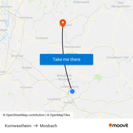 Kornwestheim to Mosbach map