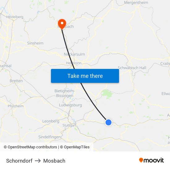 Schorndorf to Mosbach map