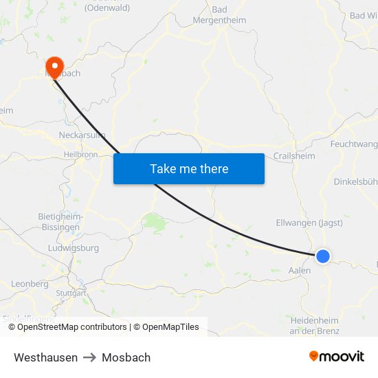 Westhausen to Mosbach map