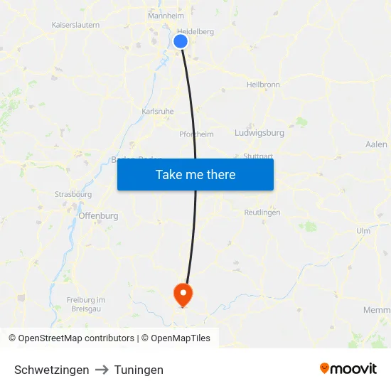 Schwetzingen to Tuningen map