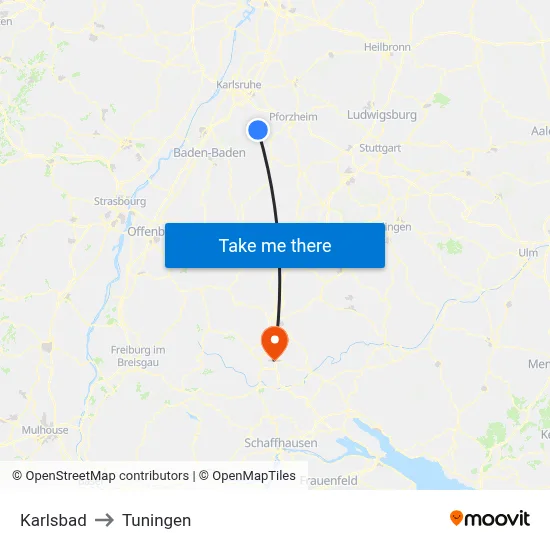 Karlsbad to Tuningen map