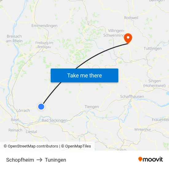 Schopfheim to Tuningen map