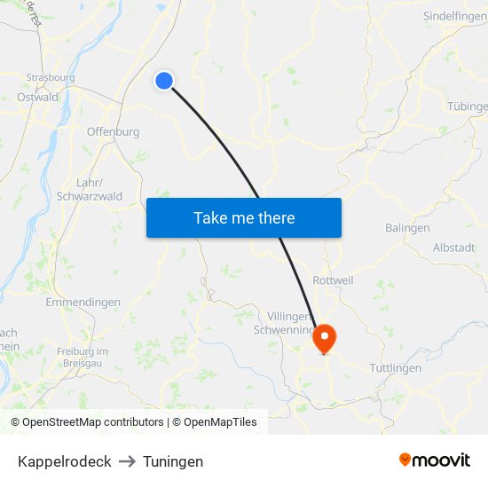 Kappelrodeck to Tuningen map