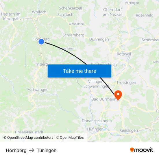 Hornberg to Tuningen map
