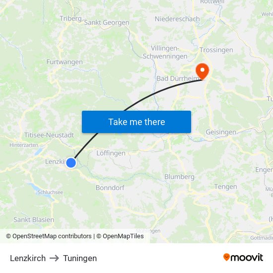 Lenzkirch to Tuningen map