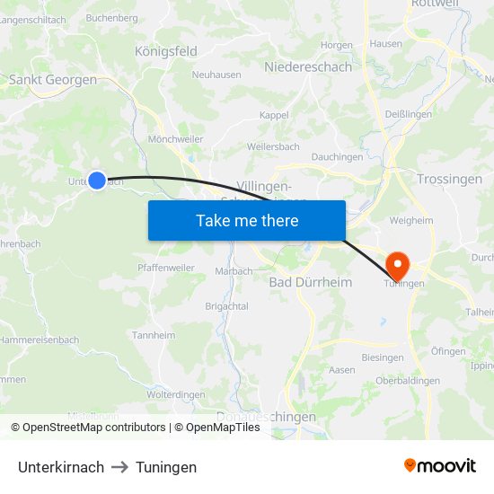 Unterkirnach to Tuningen map
