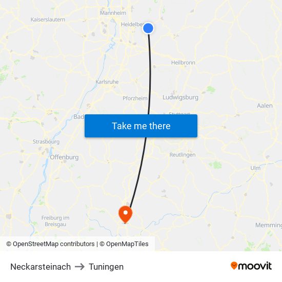 Neckarsteinach to Tuningen map