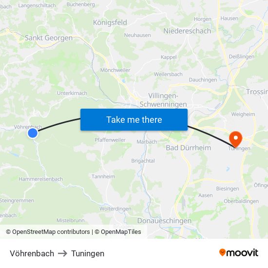 Vöhrenbach to Tuningen map