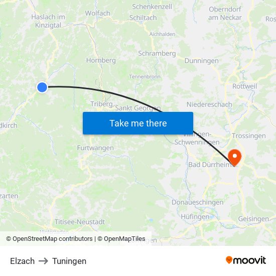 Elzach to Tuningen map