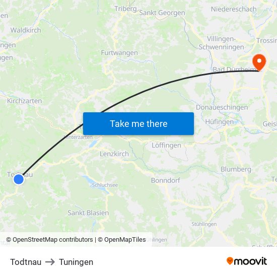 Todtnau to Tuningen map