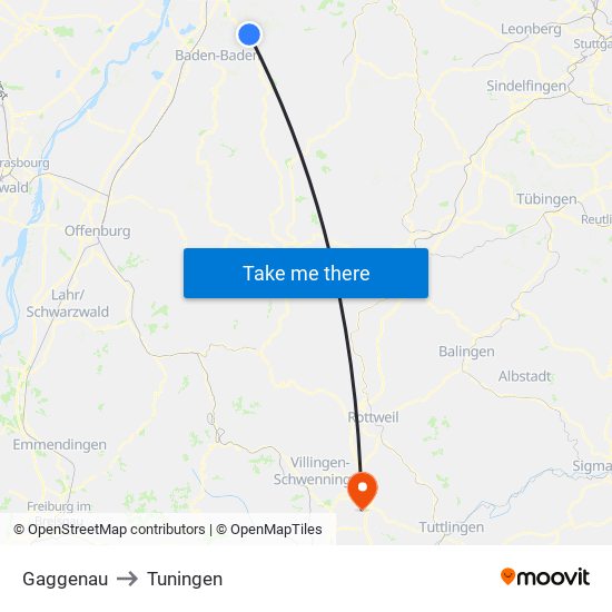 Gaggenau to Tuningen map