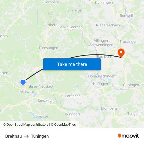 Breitnau to Tuningen map