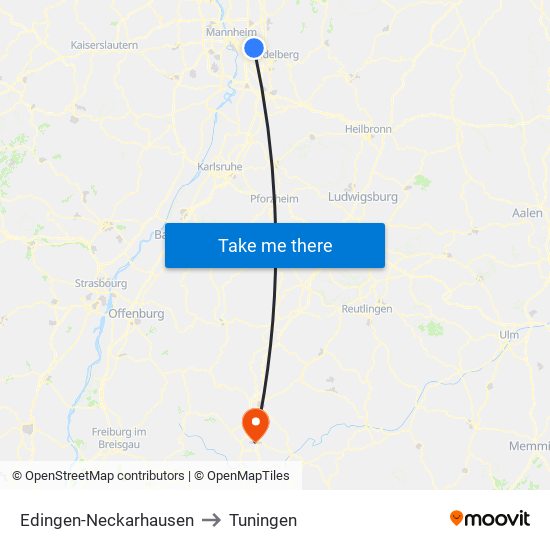 Edingen-Neckarhausen to Tuningen map