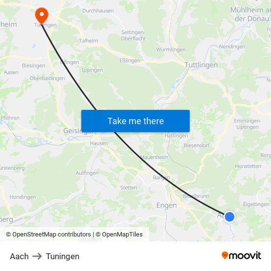 Aach to Tuningen map