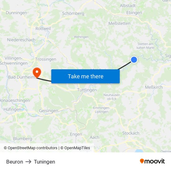 Beuron to Tuningen map