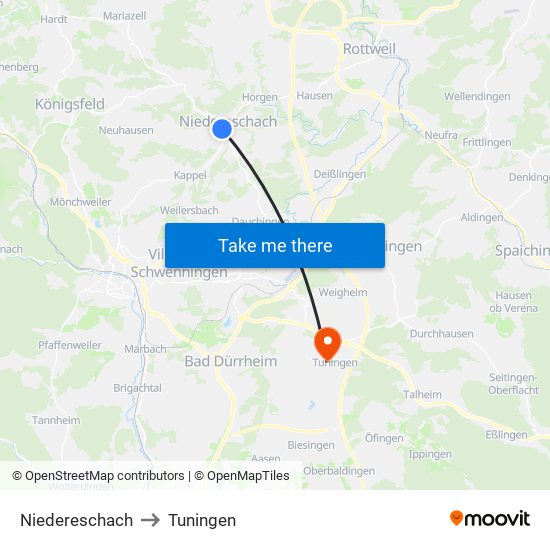 Niedereschach to Tuningen map
