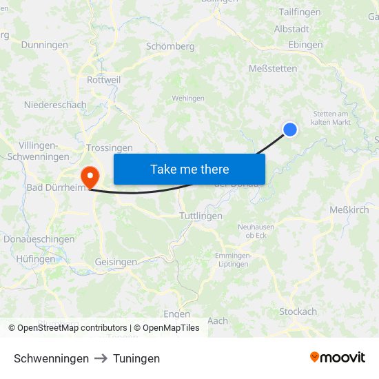 Schwenningen to Tuningen map