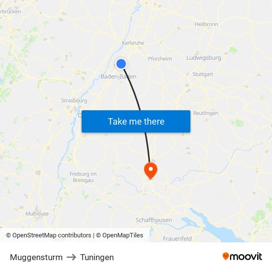 Muggensturm to Tuningen map