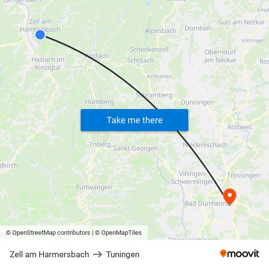 Zell am Harmersbach to Tuningen map