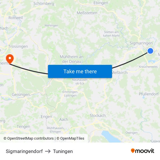 Sigmaringendorf to Tuningen map