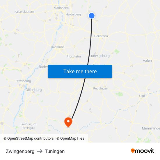 Zwingenberg to Tuningen map