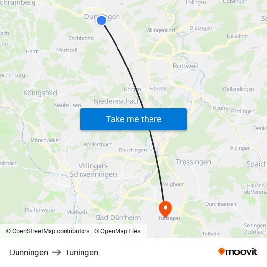 Dunningen to Tuningen map