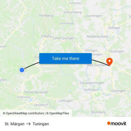 St. Märgen to Tuningen map