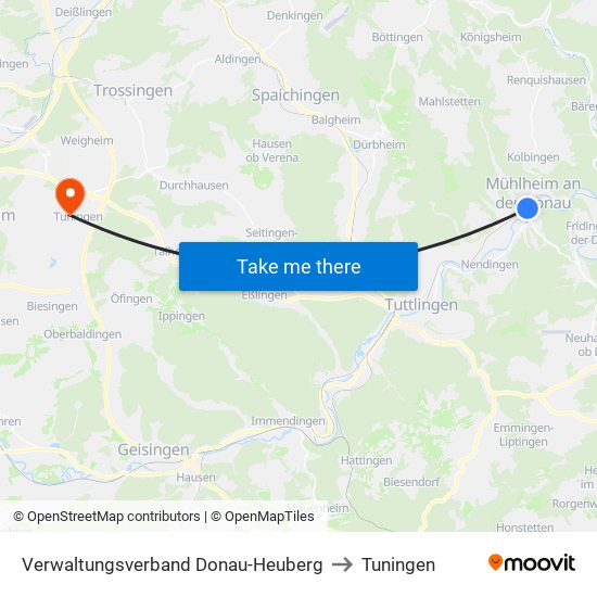 Verwaltungsverband Donau-Heuberg to Tuningen map