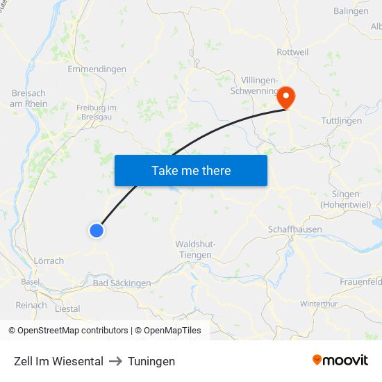 Zell Im Wiesental to Tuningen map