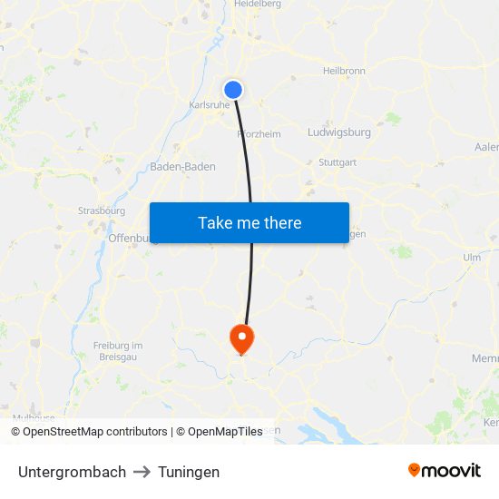 Untergrombach to Tuningen map
