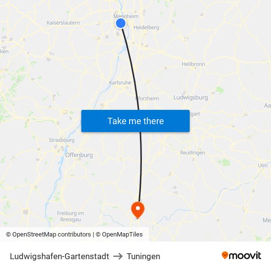 Ludwigshafen-Gartenstadt to Tuningen map