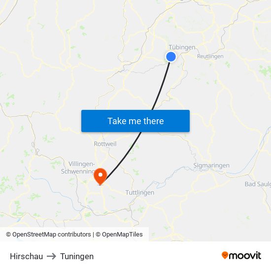 Hirschau to Tuningen map