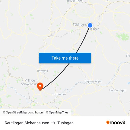 Reutlingen-Sickenhausen to Tuningen map