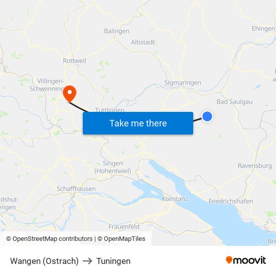 Wangen (Ostrach) to Tuningen map