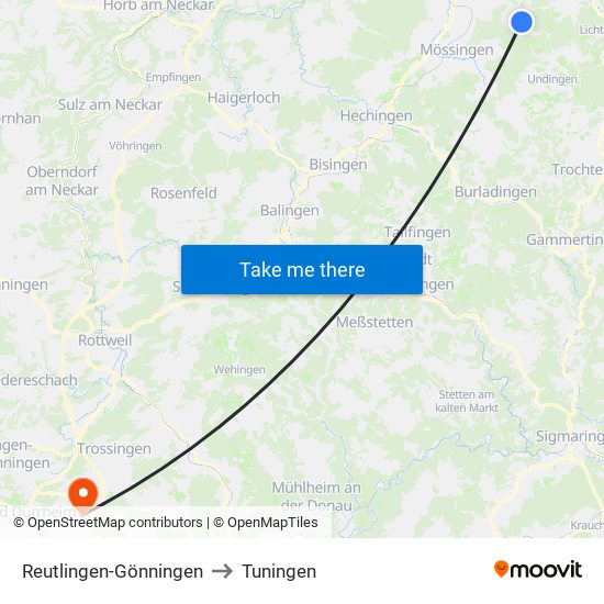 Reutlingen-Gönningen to Tuningen map